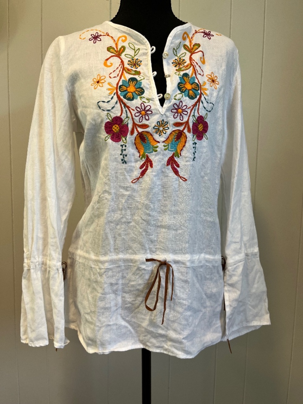 VTG Saint Tropez West Linen Embroidered Blouse Boho Cottagecore Retro Hippie szM